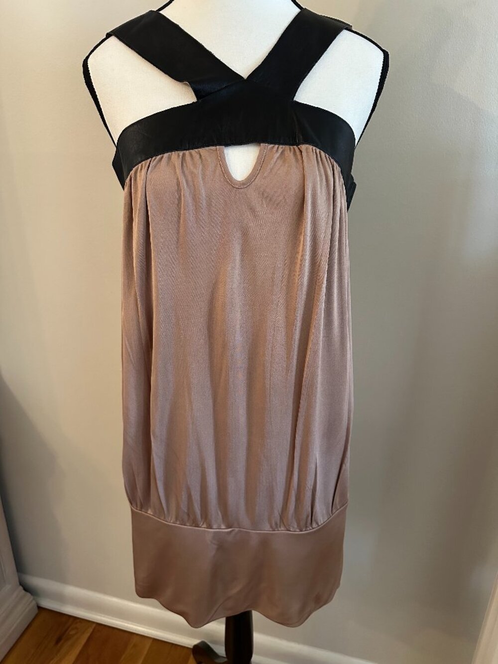 NWT Marciano Blush Black Faux Leather Cross Back Tunic Top S